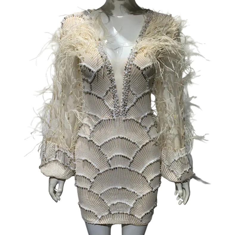 Beaded & feather mini dress