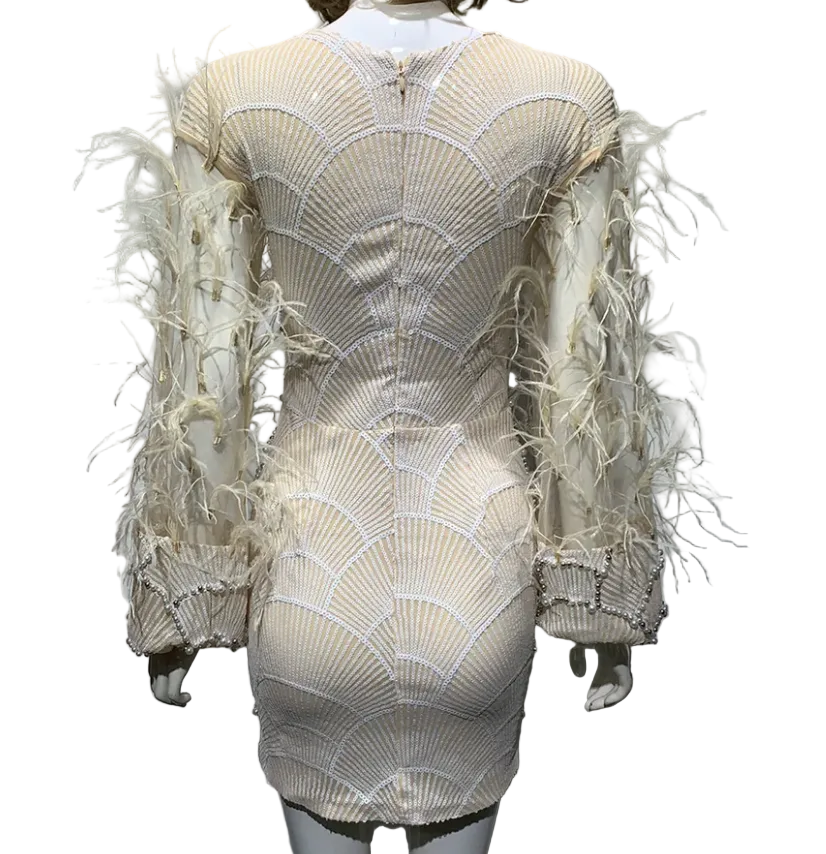 Beaded & feather mini dress