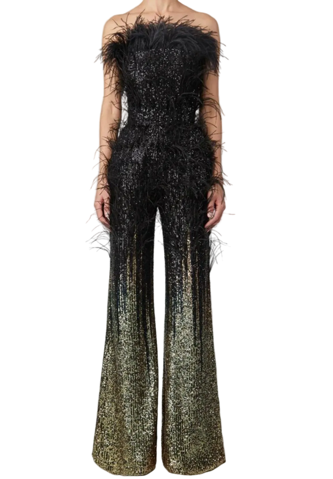 Shiva Ombre Feather Sequin Jumpsuit