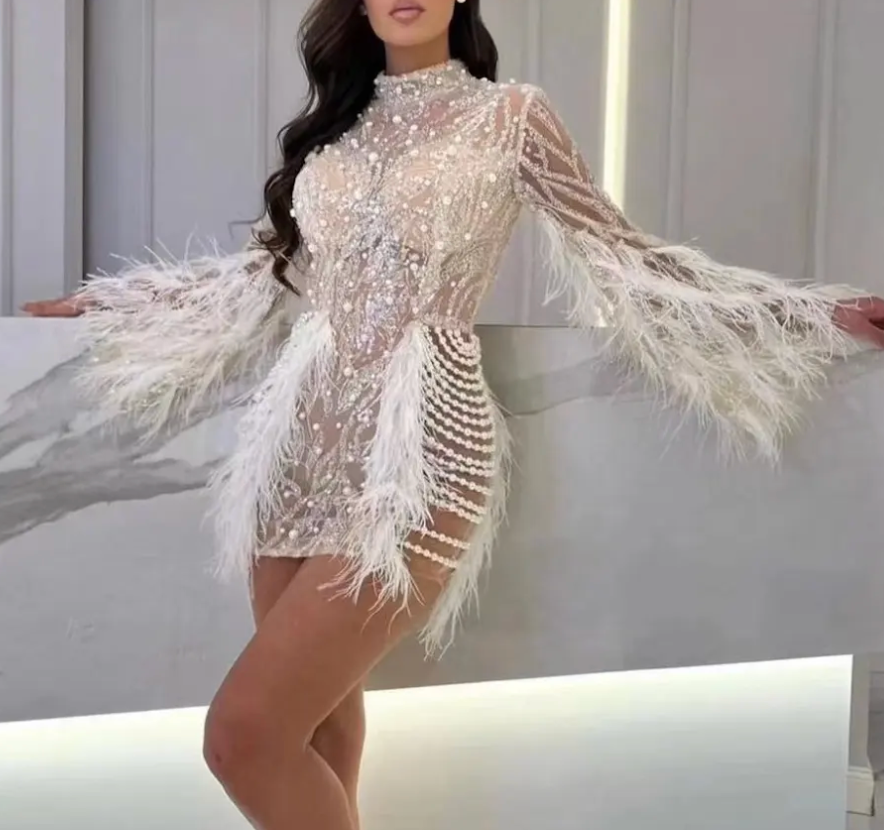 Beads and feather mini dress