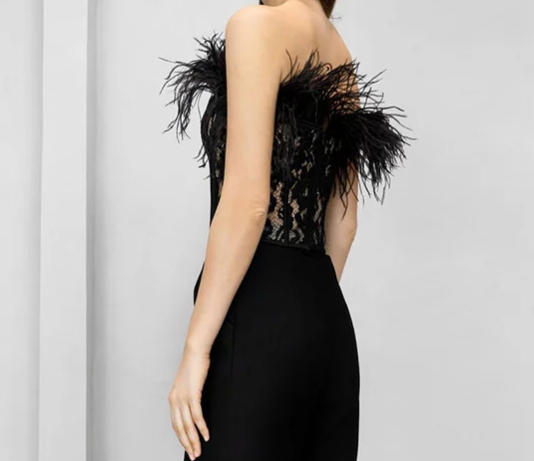 Black lace corset top with feather trim