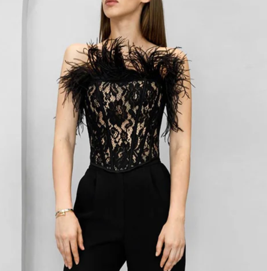 Black lace corset top with feather trim
