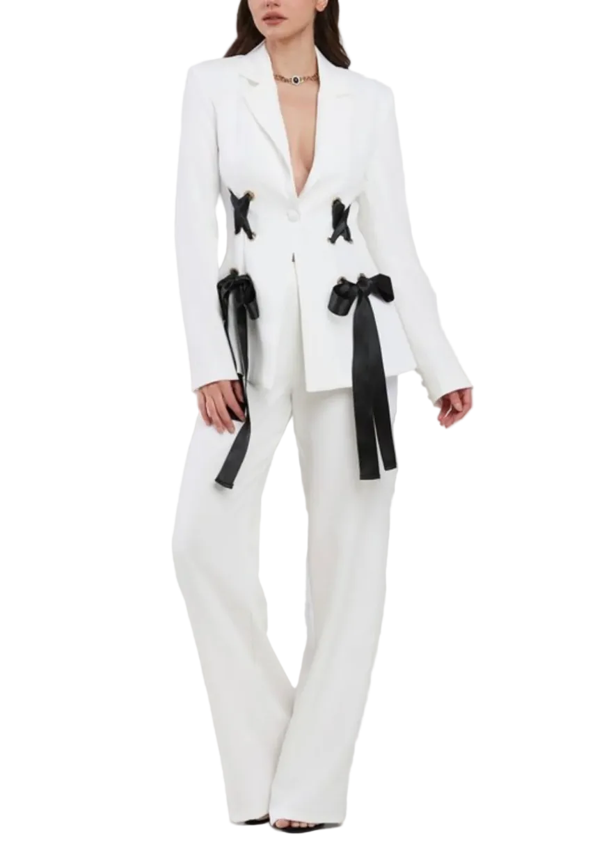 Star Ribbon Tie Blazer & Wide Leg Pant Set