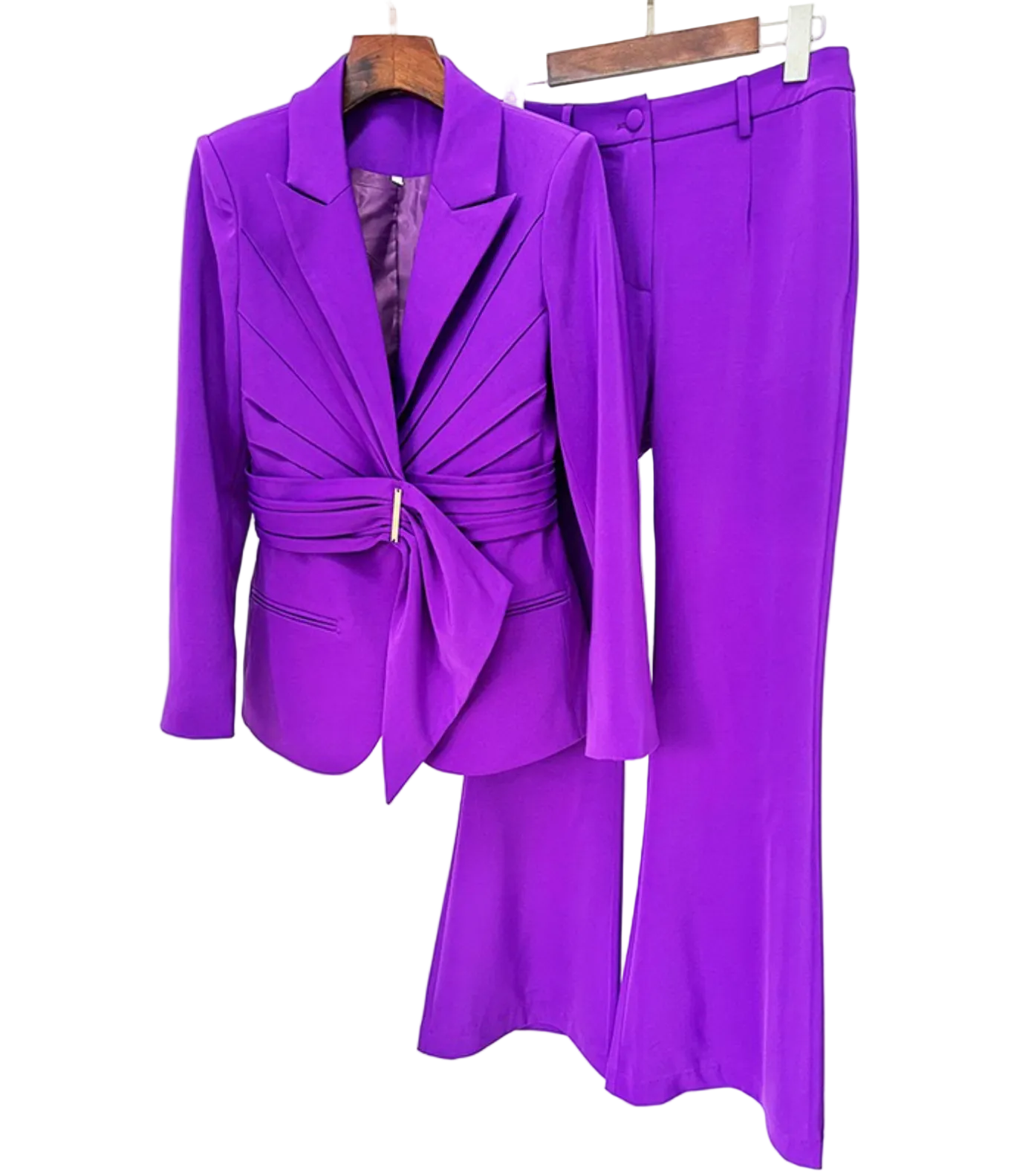 Draped belted blazer pants set with flared legs