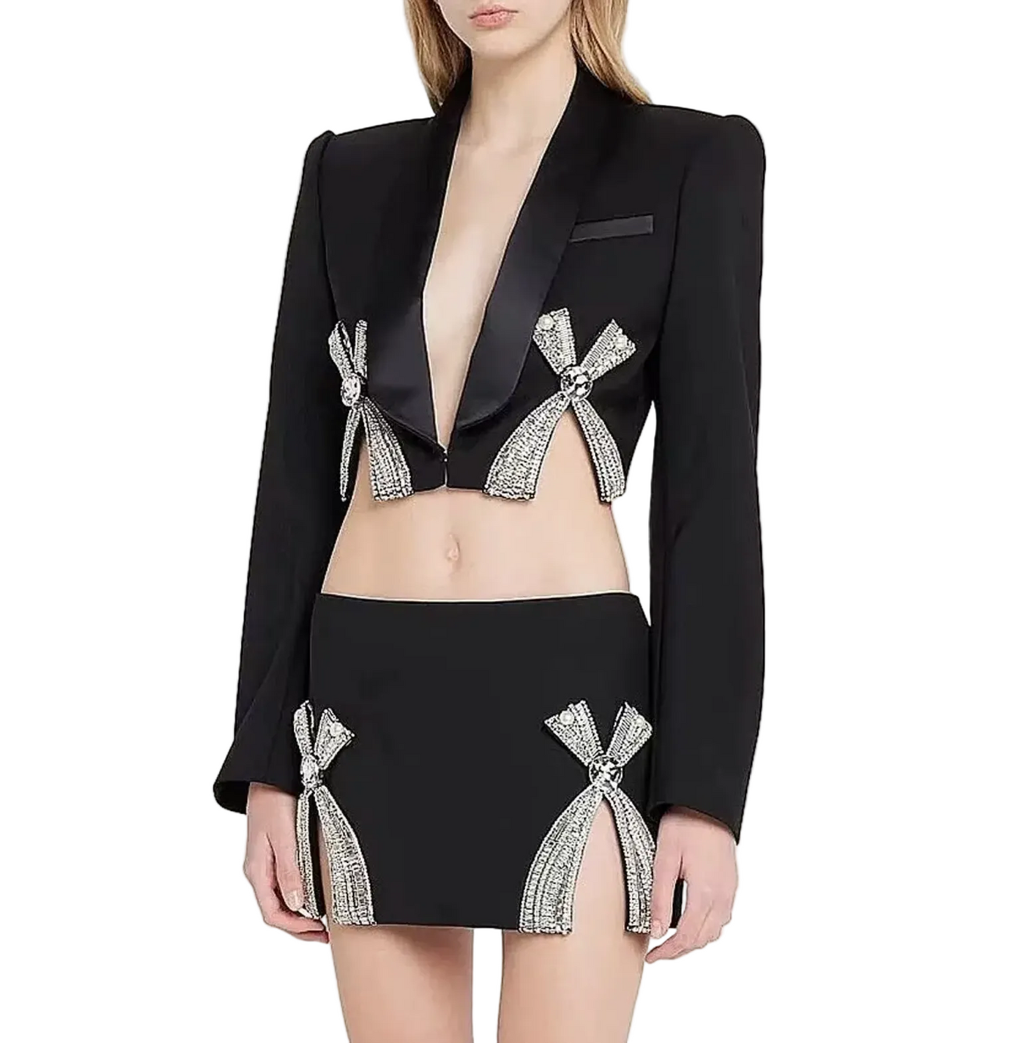 Embellished Cropped Blazer with Crystal Bows