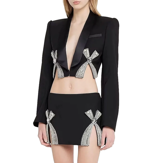 Embellished Cropped Blazer with Crystal Bows