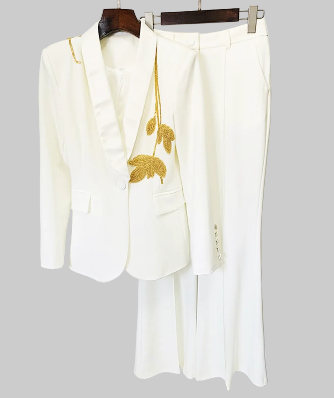 Embellished Blazer & Flared Pants Set in White