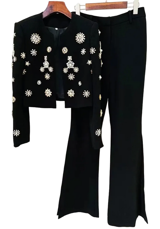Crew neck heavy industry beaded cropped jacket