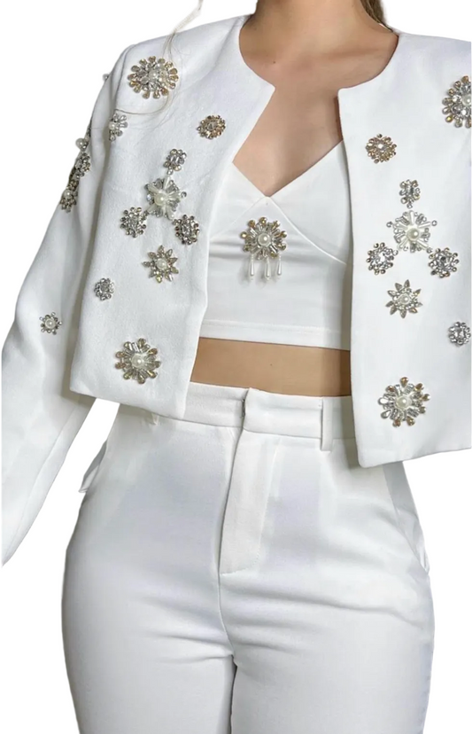 White Crystal Pearl Blazer Set