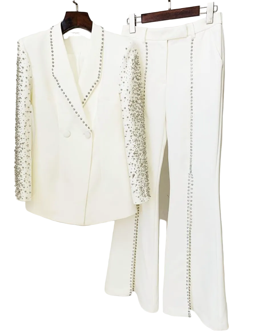 White Stone Embroidered Collar Sleeves Set