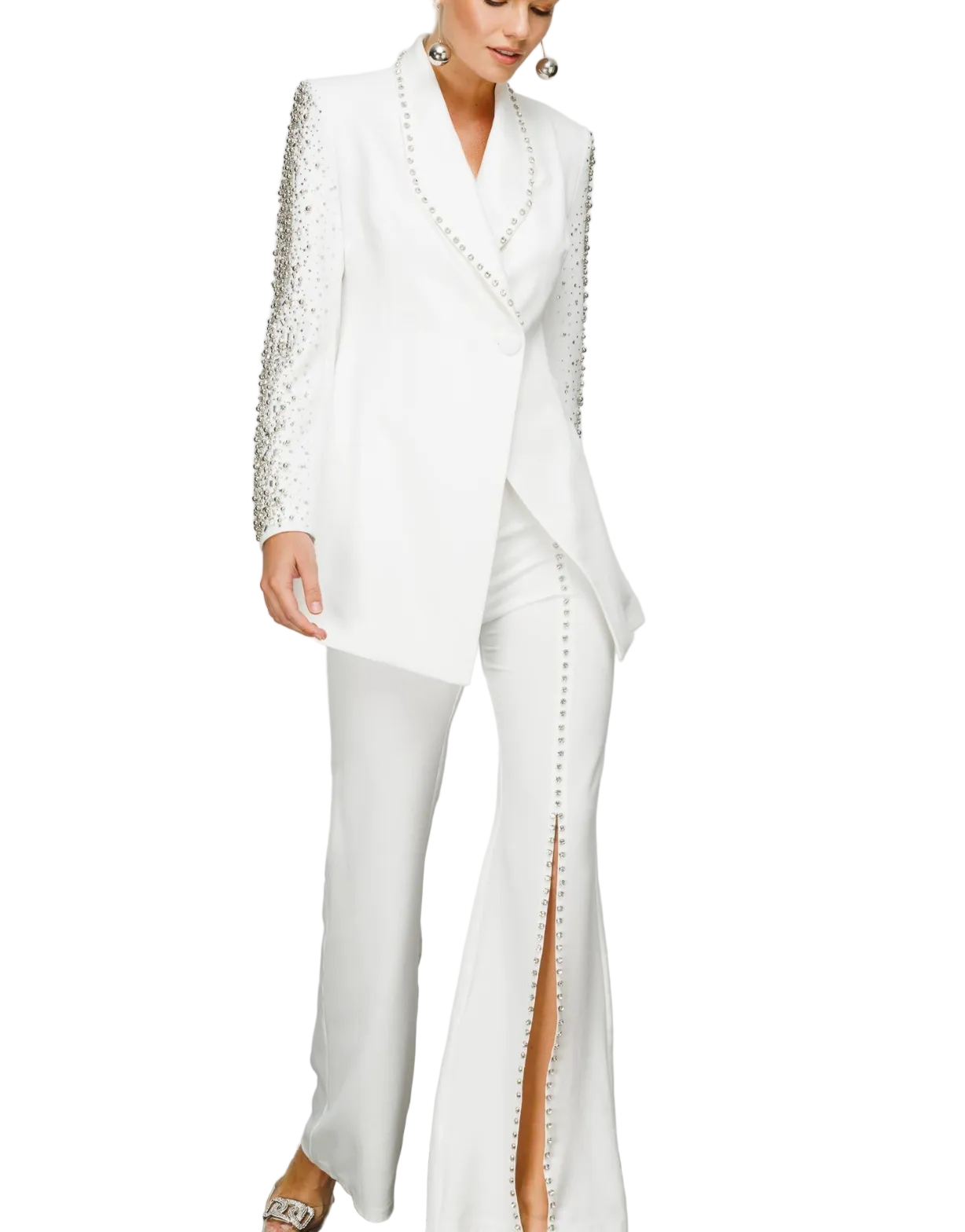 White Stone Embroidered Collar Sleeves Set