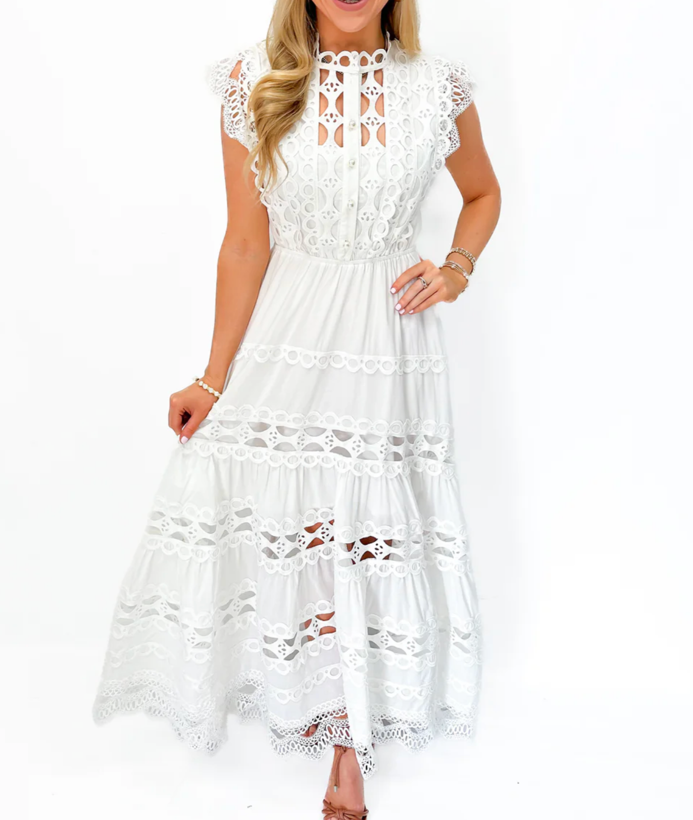 Roman white lace detail belted midi dress