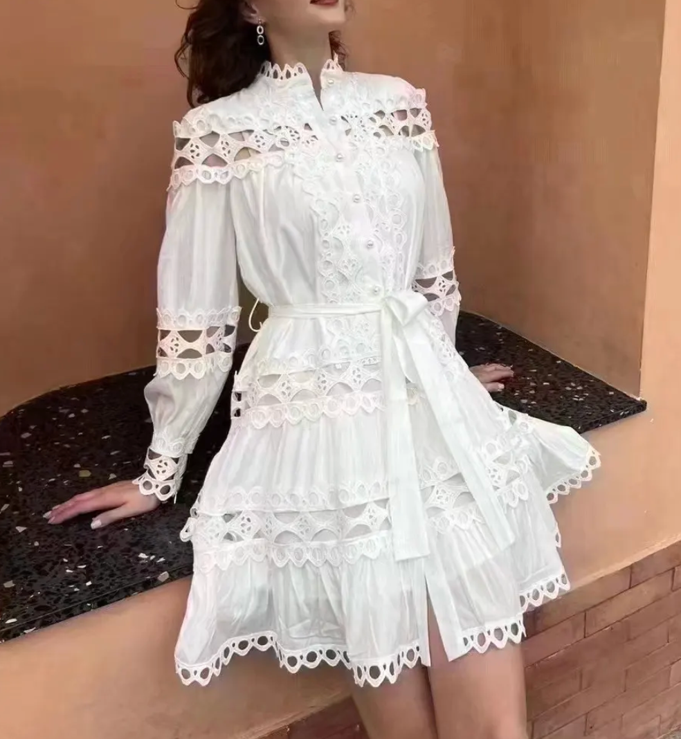 Hollow-out lace patchwork midi dress