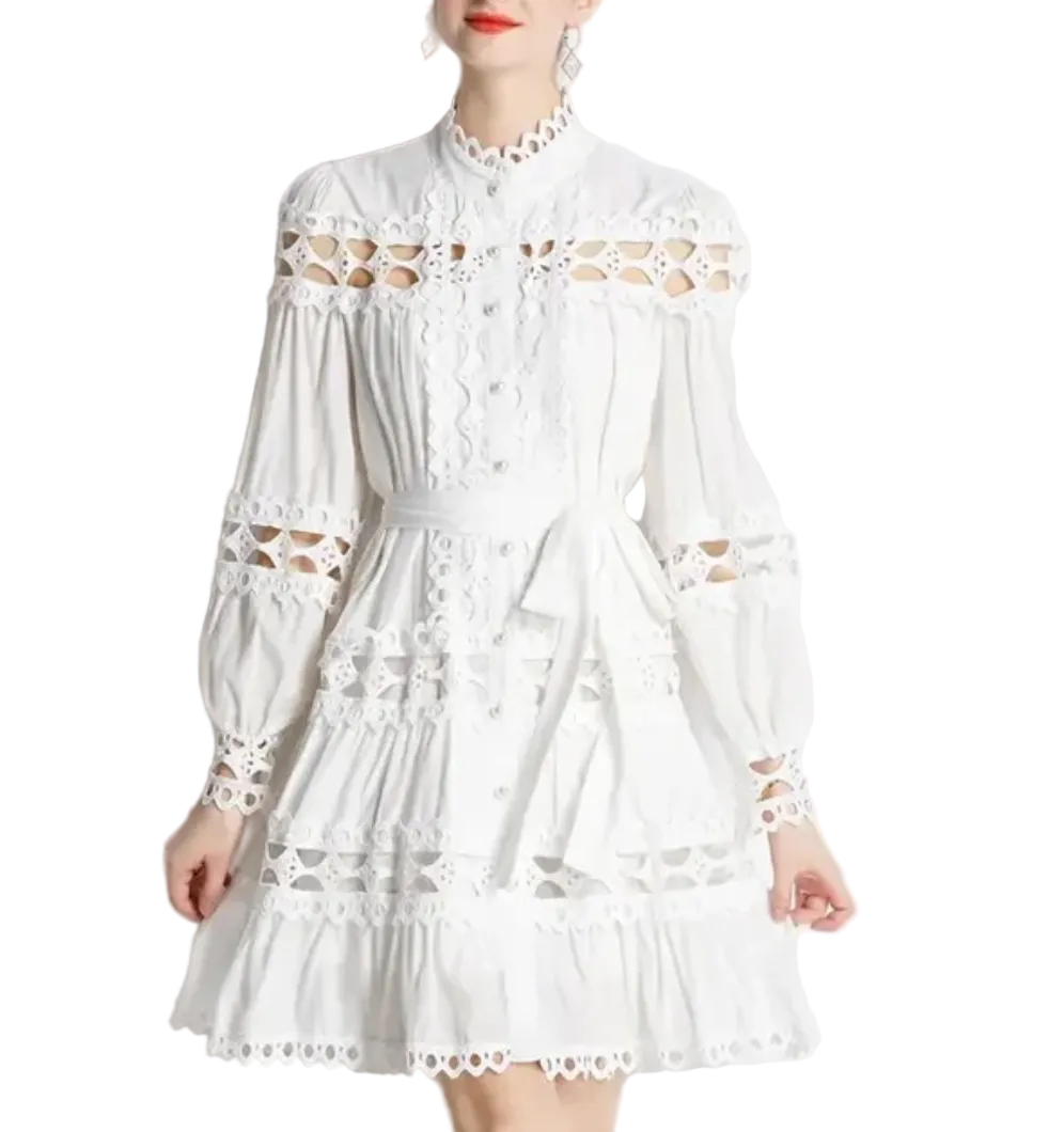 Hollow-out lace patchwork midi dress