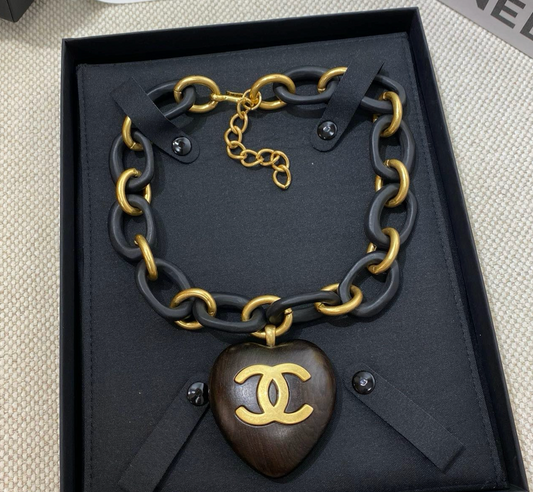 Chanel Vintage Wood Link CC Heart Necklace