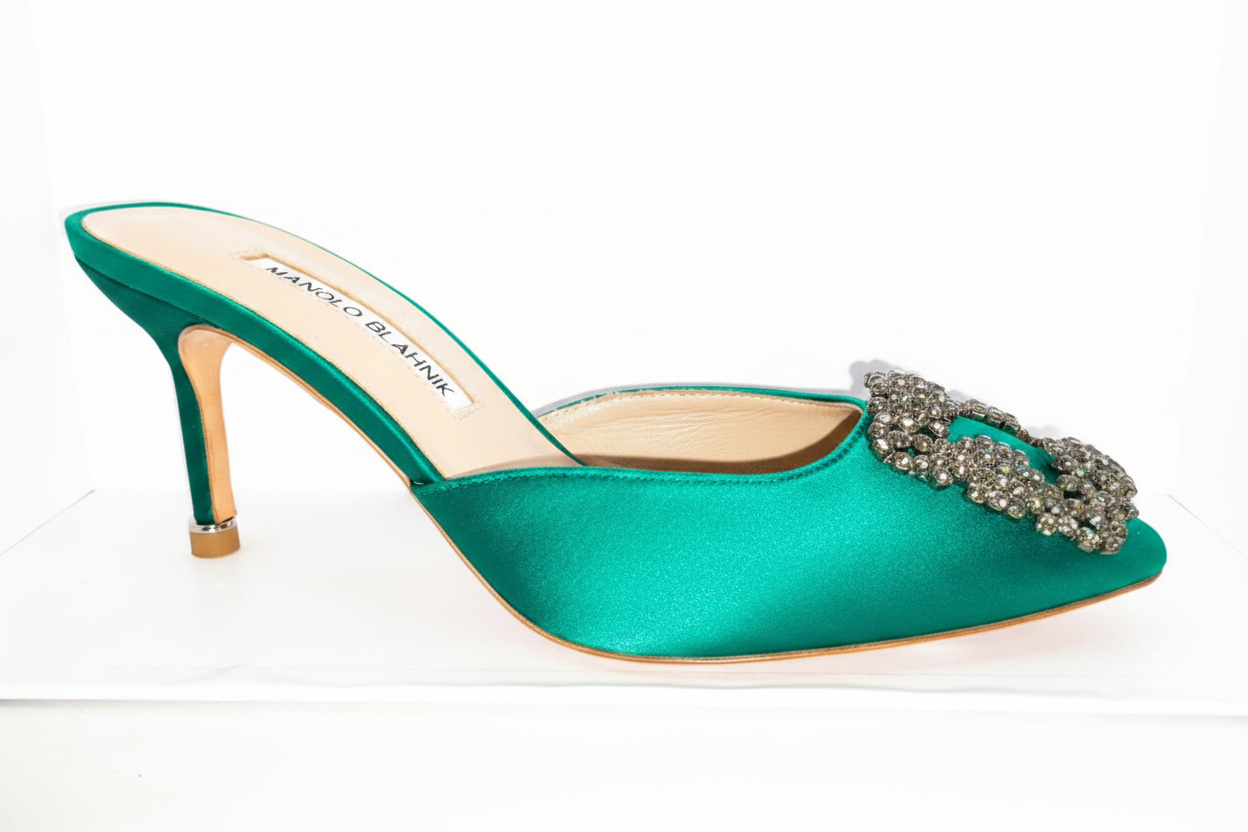 Manolo Blahnik Hangisimu 70 Embellished Satin Mules