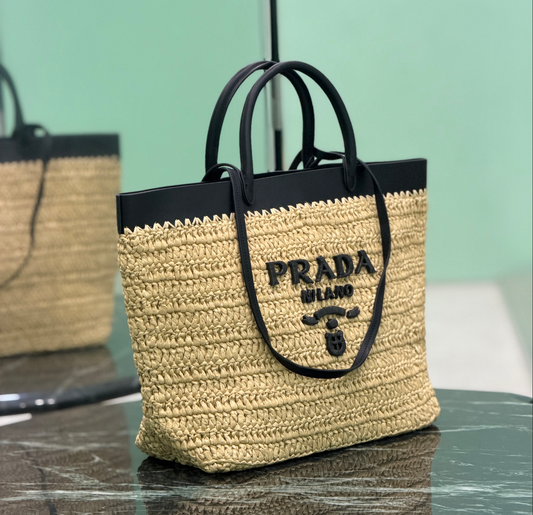 Prada Small Crochet and Leather Tote Bag