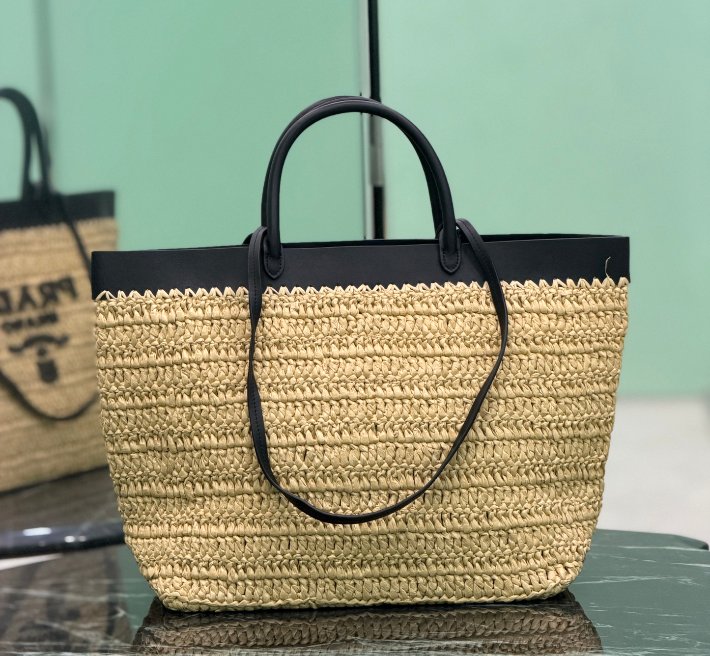 Prada Small Crochet and Leather Tote Bag