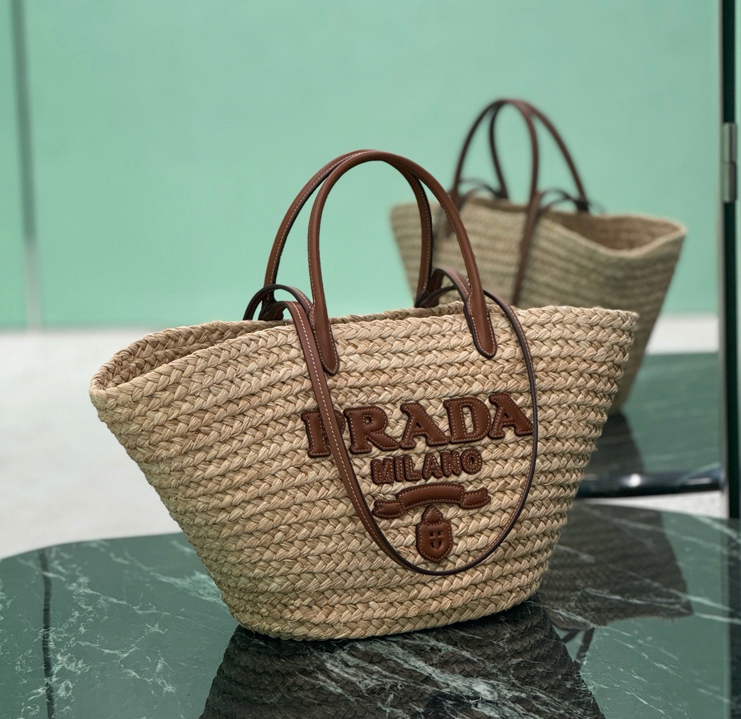 Prada Large Raffia and Leather Shopping Bag