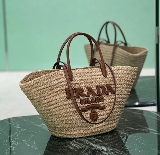 Prada Large Raffia and Leather Shopping Bag