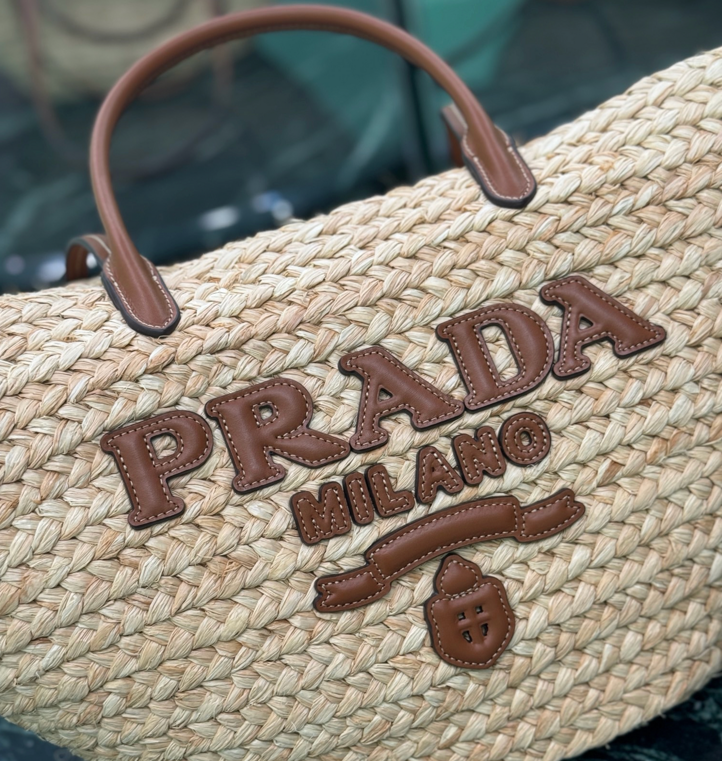 Prada Large Raffia and Leather Shopping Bag