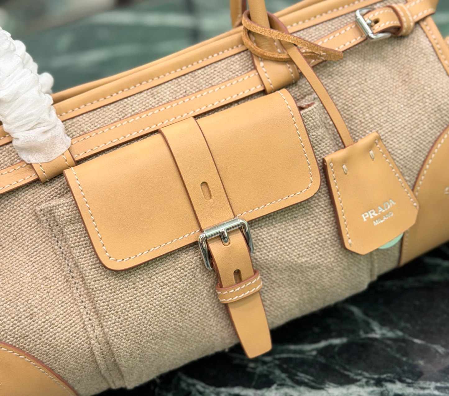 Prada Bonnie Linen and Leather Bag