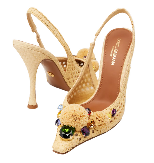 Dolce & Gabbana Rafia Crochet Slingback Pumps with Stones