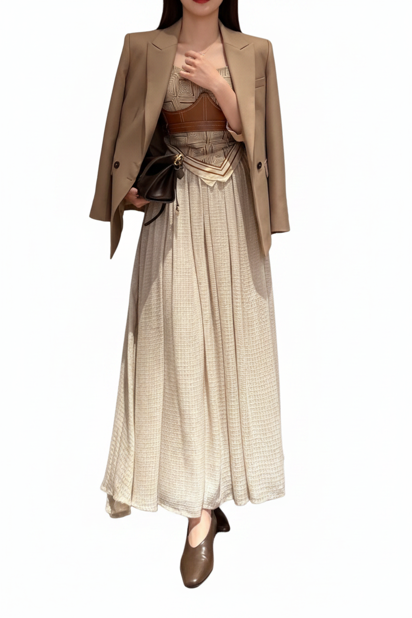 Long, beige textured maxi skirt