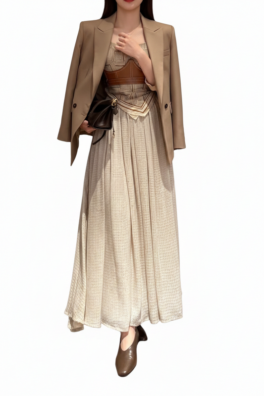 Long, beige textured maxi skirt