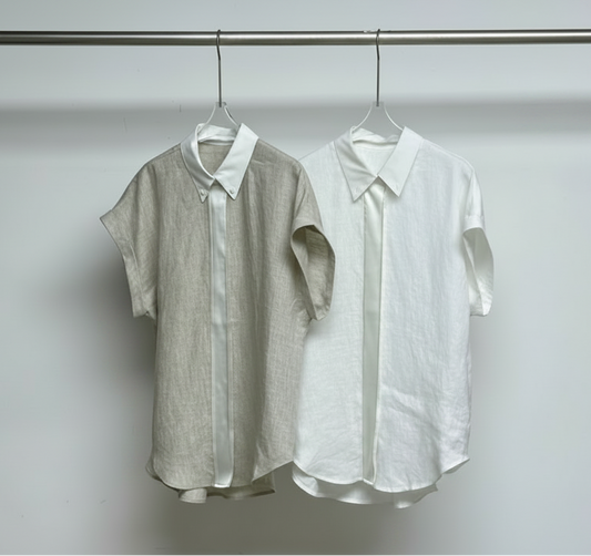Brunello Cucinelli Short-Sleeve Linen Blouse with Satin Placket (Pants set)