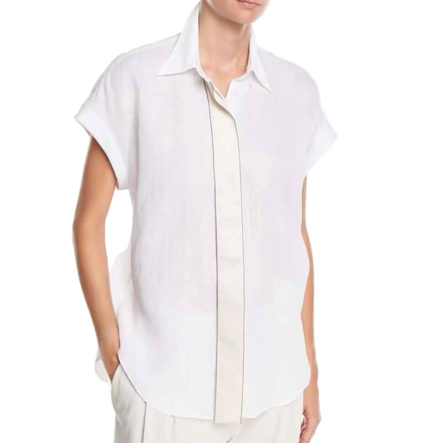 Brunello Cucinelli Short-Sleeve Linen Blouse with Satin Placket (Pants set)