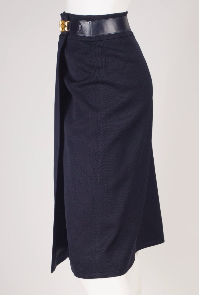 Céline 1970s Wool & Leather Wrap Skirt