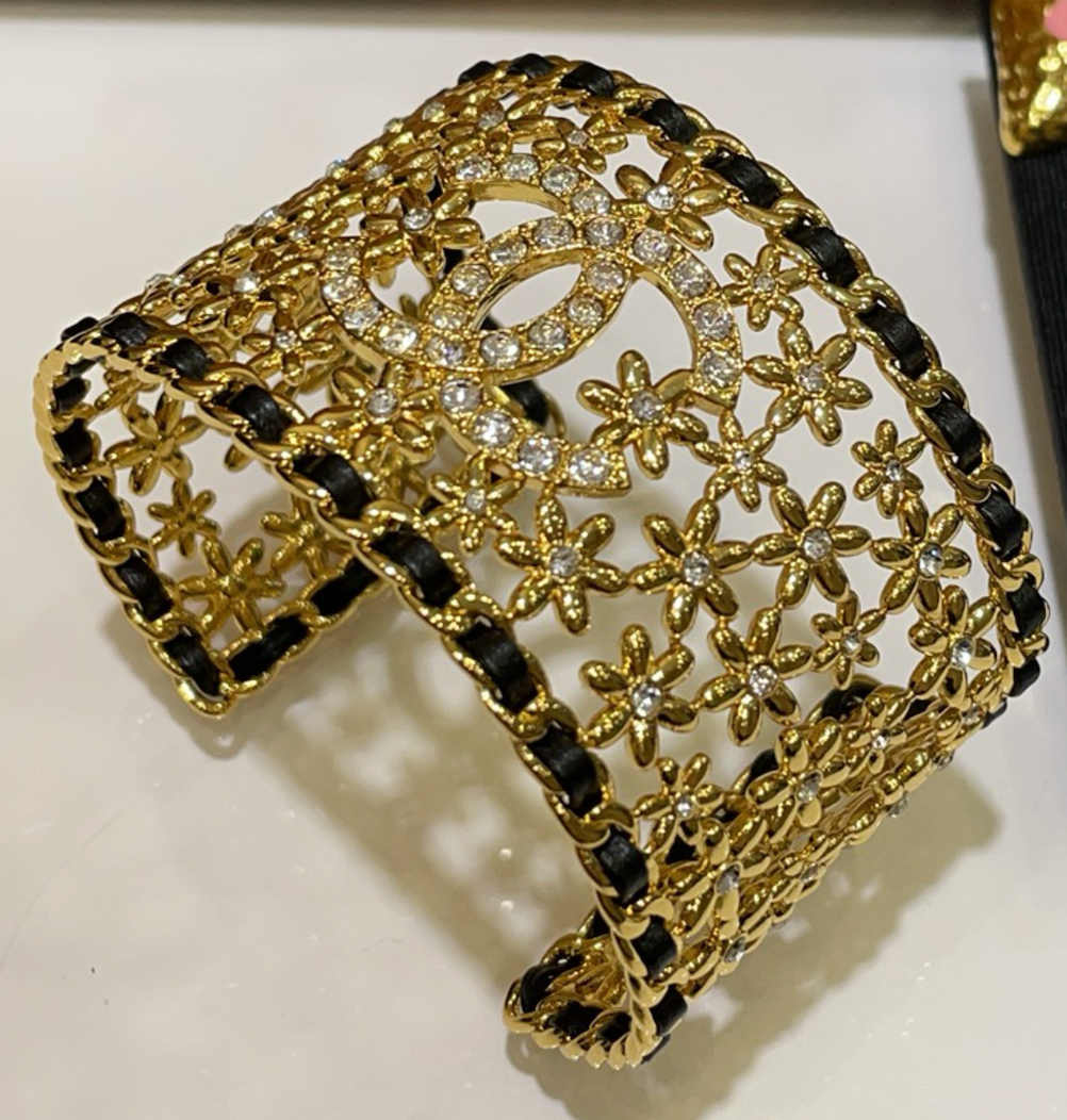 CHANEL CC Flower Motif Rhinestone Cuff Bracelet