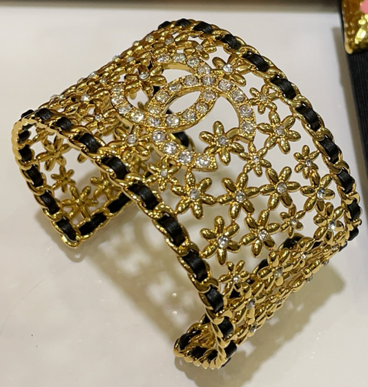 CHANEL CC Flower Motif Rhinestone Cuff Bracelet