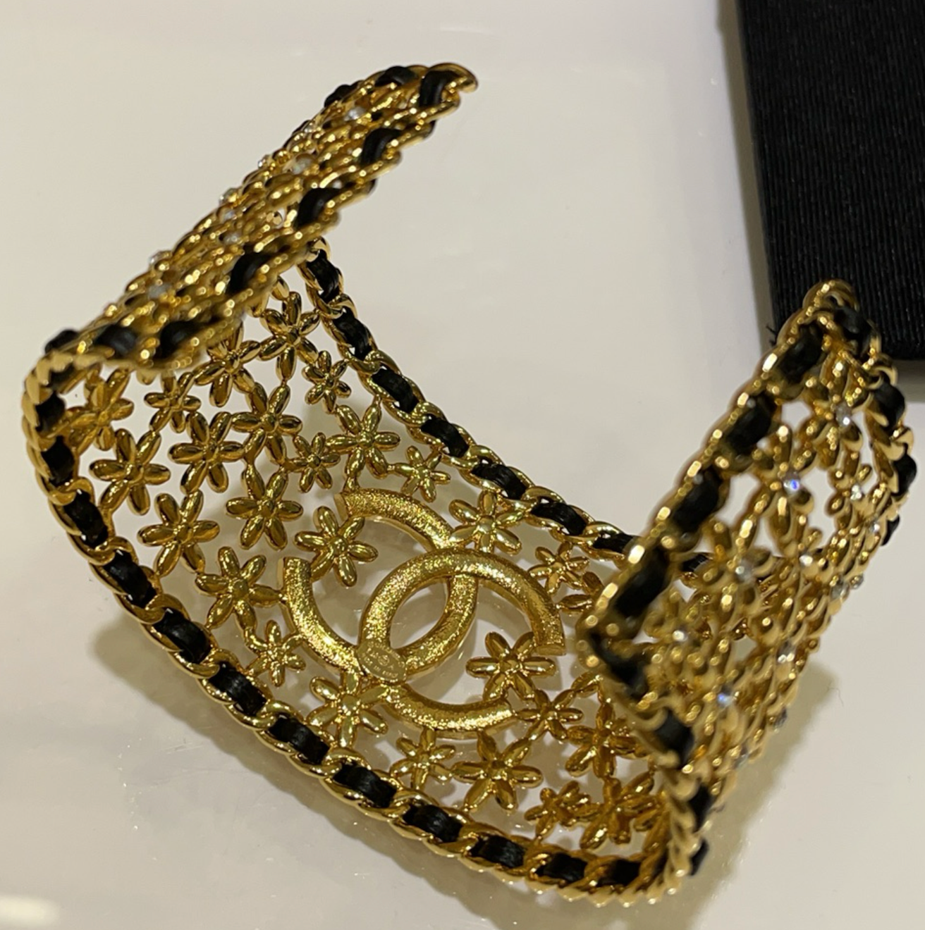 CHANEL CC Flower Motif Rhinestone Cuff Bracelet