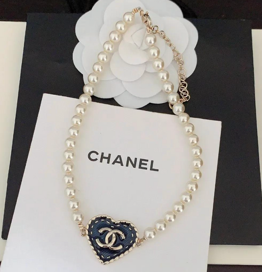Chanel 24P CC Metal Denim Heart and Pearls Necklace.