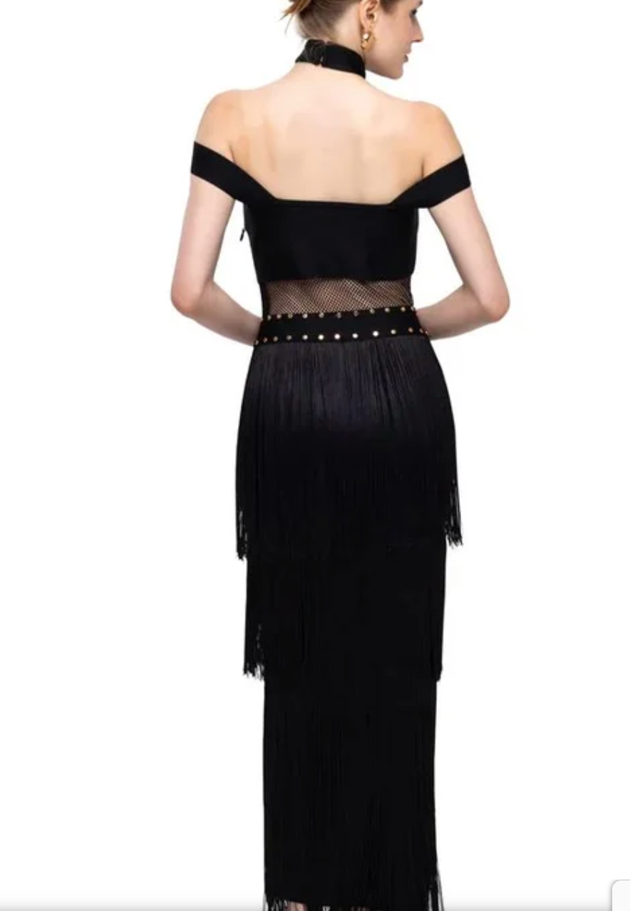 Poly Blend Long High Neck Off Shoulder Dress