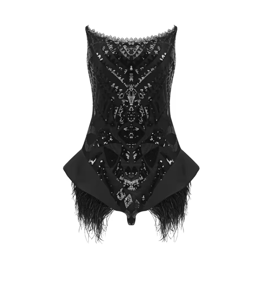 Novas Colter Strapless Sequin Feather Bodysuit