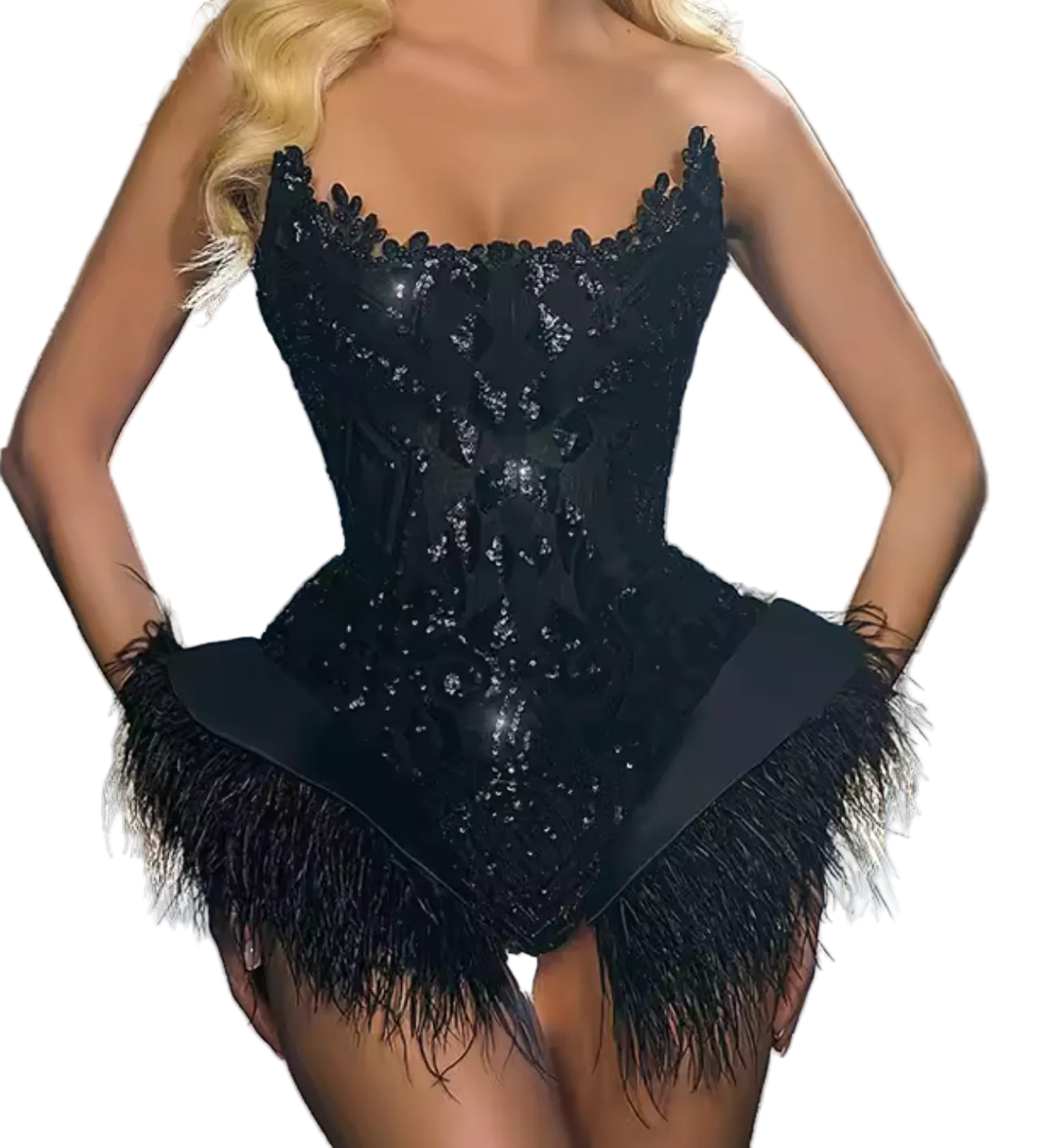 Novas Colter Strapless Sequin Feather Bodysuit