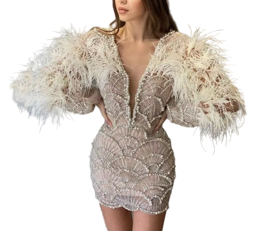 Beaded & feather mini dress