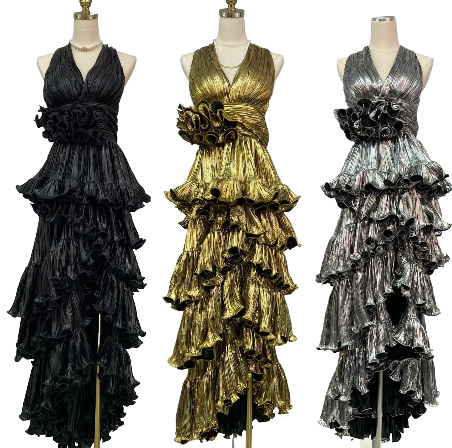 Halter V Neck Sleeveless Layers Sweep Dress