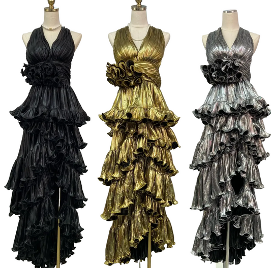 Halter V Neck Sleeveless Layers Sweep Dress