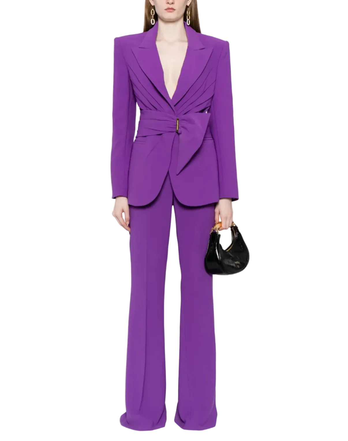 Draped belted blazer pants set with flared legs