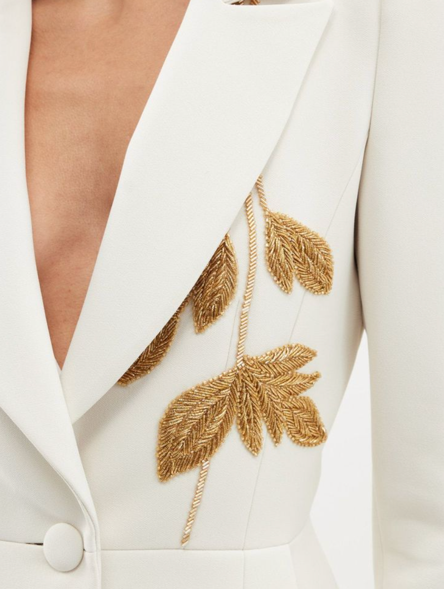 Embellished Blazer & Flared Pants Set in White