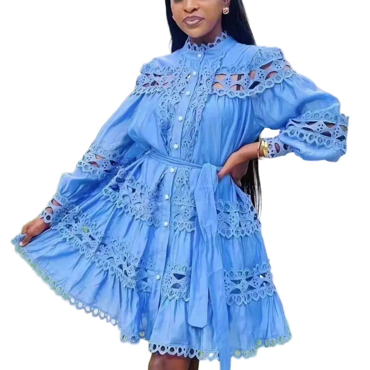 Hollow-out lace patchwork midi dress