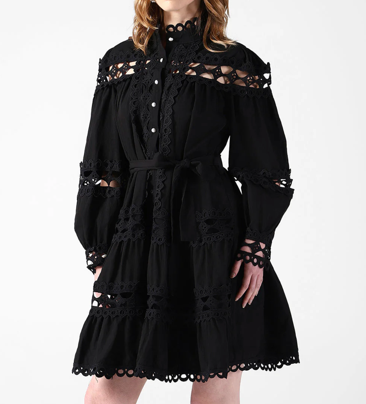 Hollow-out lace patchwork midi dress