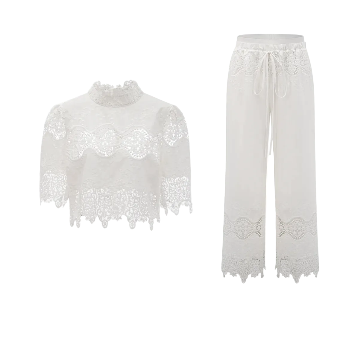 Lace-trim cropped top and pants set