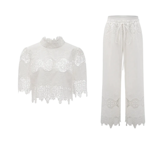 Lace-trim cropped top and pants set