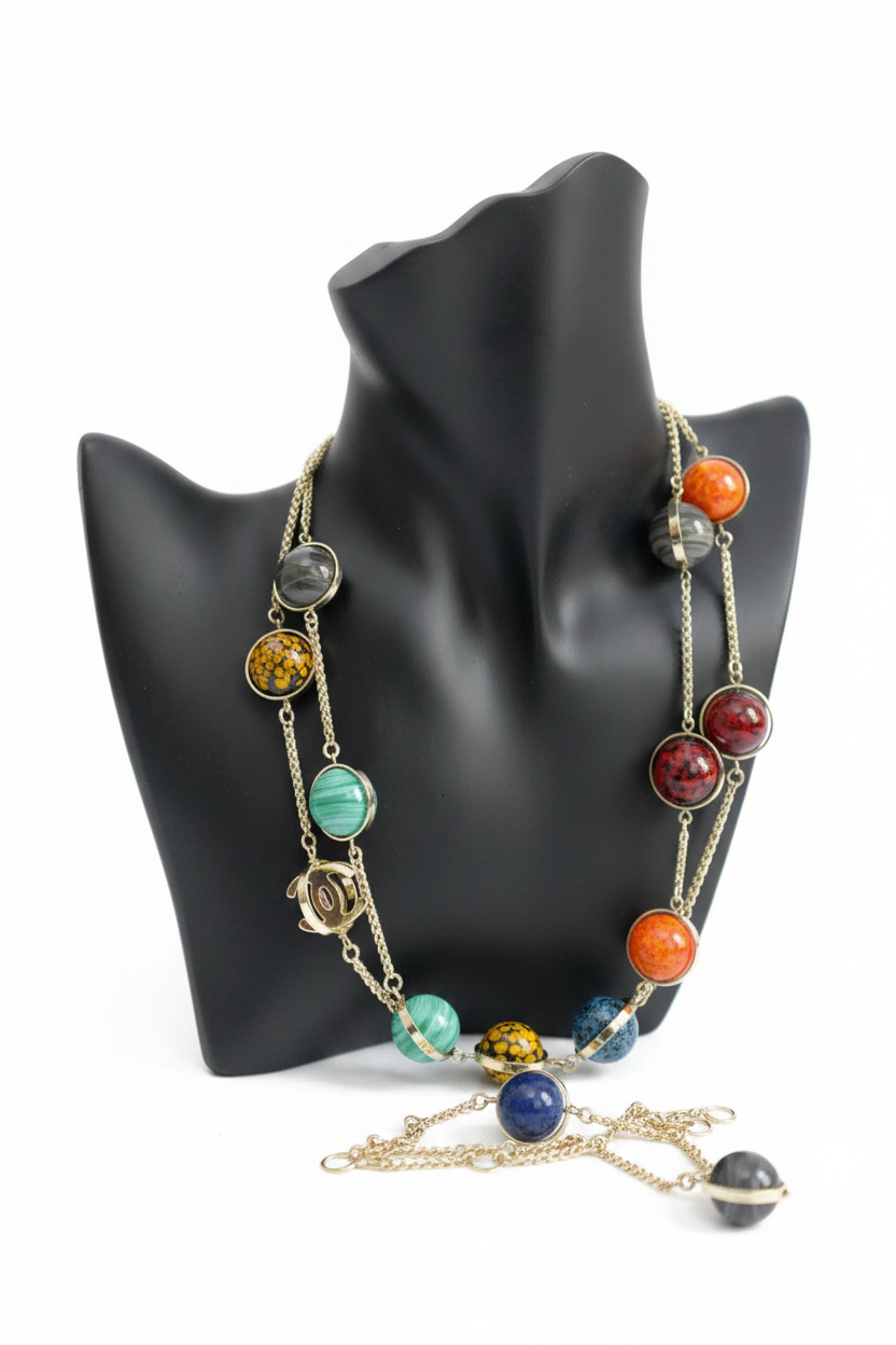 Chanel 26S Long Necklace Gold Multicolour Metal Glass Pearls