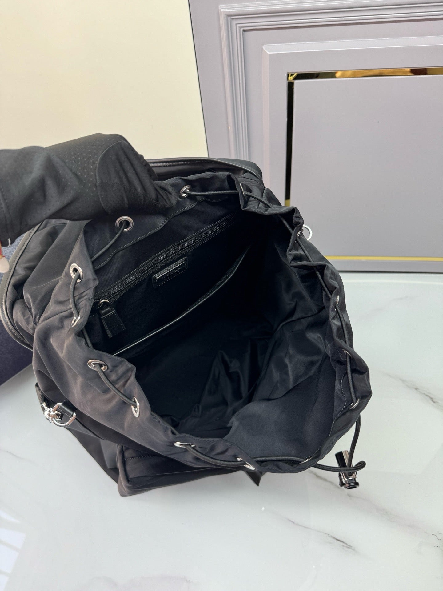 Re-Nylon and leather backpack
